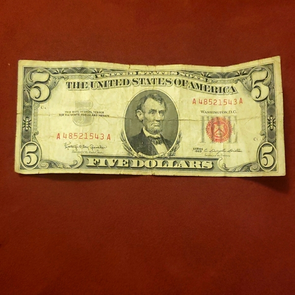 1963 5 Dollar Bill Red Stamp - Picture 1 of 2